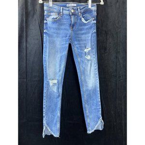 Zara Womens Basic Denim Medium Wash Ankle Length Distressed Blue Jeans Size 2